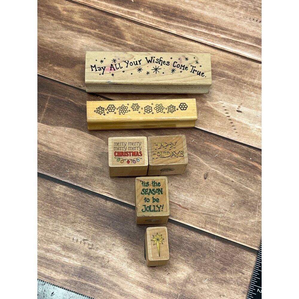 LOT OF 6 HOLIDAY THEMED WOOD MOUNTED RUBBER STAMP MOSTLY UNBRANDED